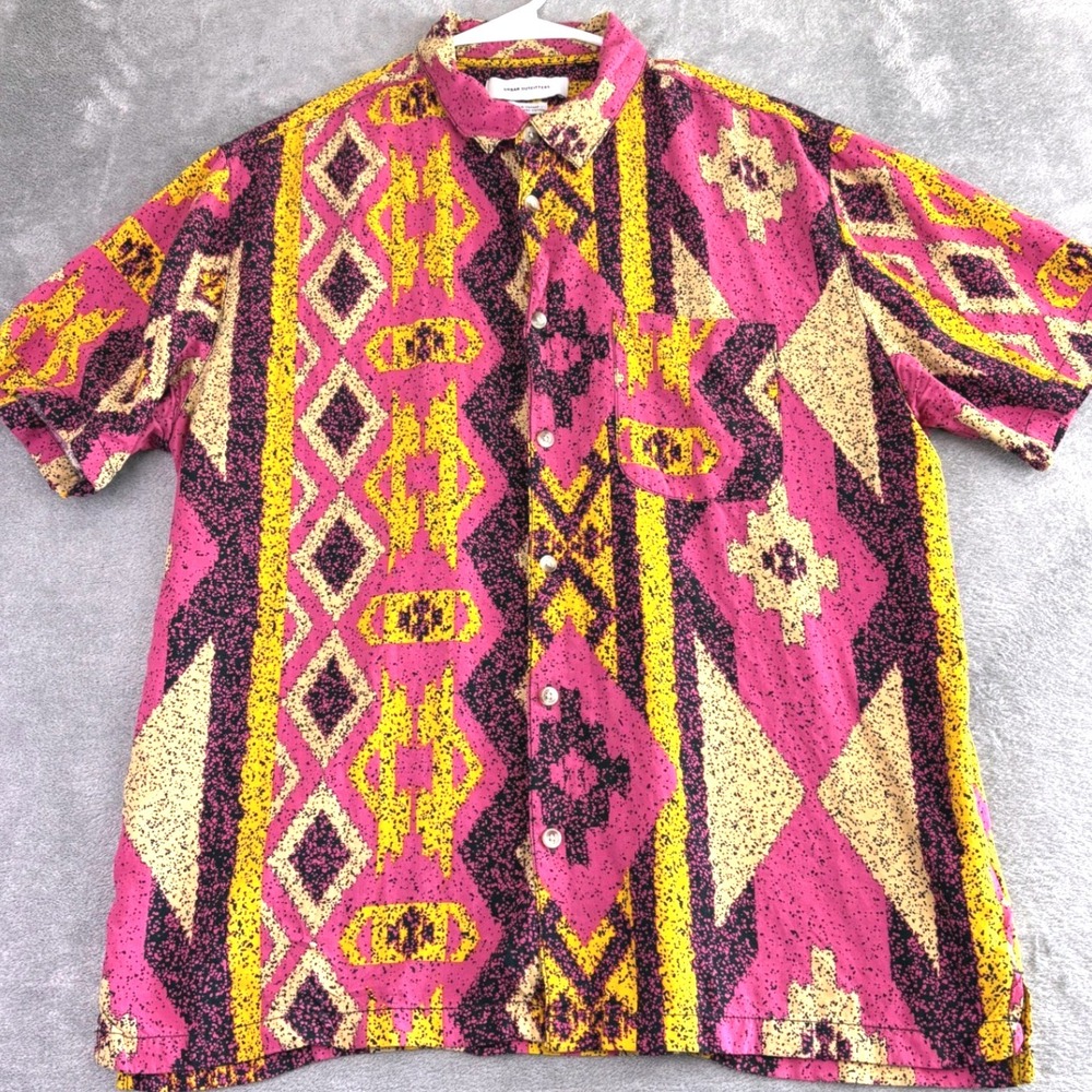 Urban Outfitters Mens M Shirt Purple Yellow Geometric Colorful Camp‎ Casual Y2K